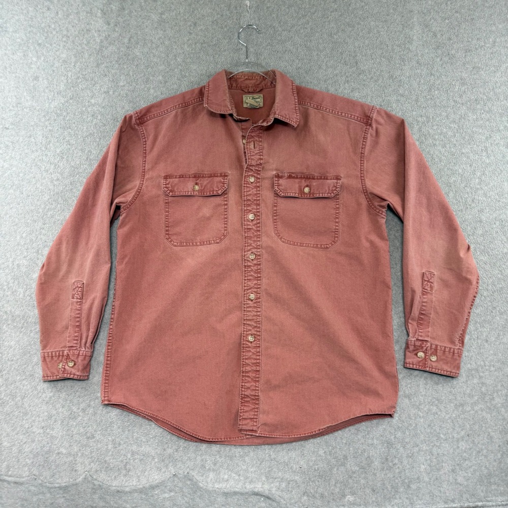 LL Bean Button Down Shirt Mens M Red Salmon Traditional Fit Sunwashed Canvas